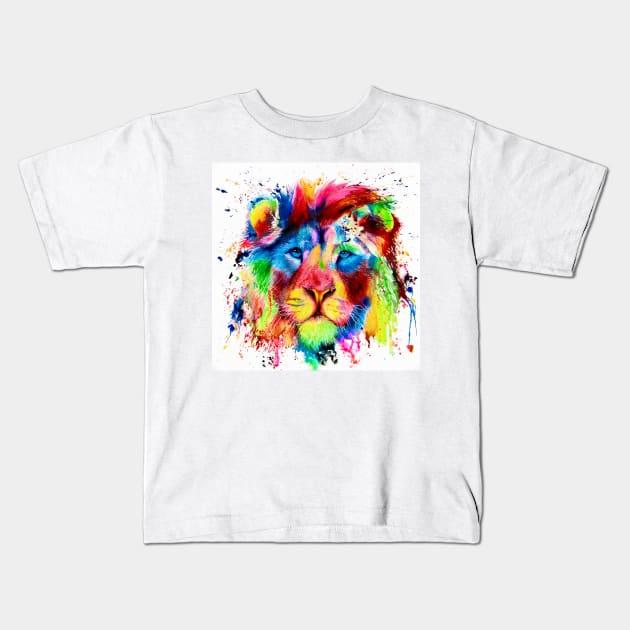 Neon Lion - colourful semi abstract - big cat - ink spatter painting Kids T-Shirt by Mightyfineart